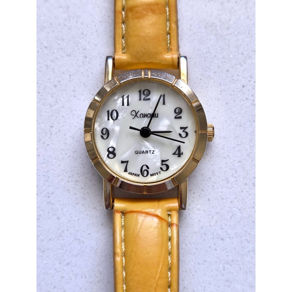 VTG Xanadu Quartz Watch Gold Tone Mother of Pearl Dial Yellow Leather Strap